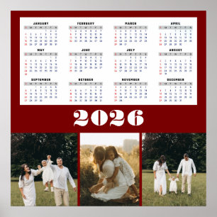 Póster Calendario 2026 con fondo burdeos