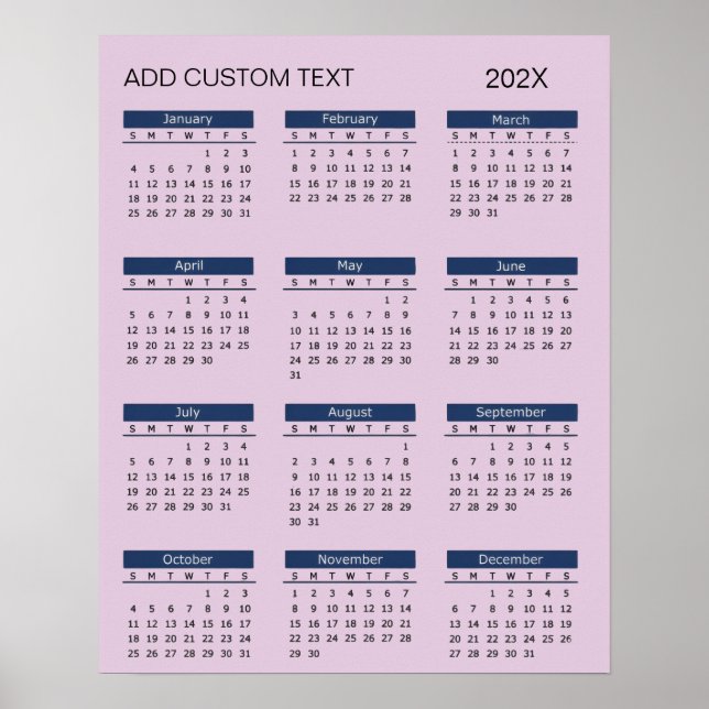 Póster Calendario 2026 de moda añade tu propio texto pers (Frente)
