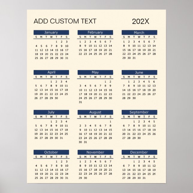 Póster Calendario 2026 de moda con texto personalizado    (Frente)