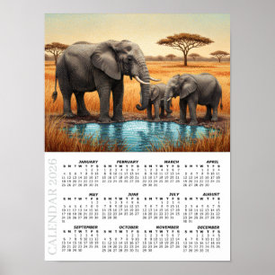 Póster Calendario 2026, Elefantes Africanos, Safari, Áfri