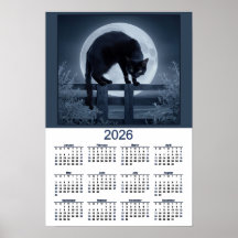 Calendario 2026 Gato Negro en una cerca con Luna L