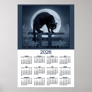 Póster Calendario 2026 Gato Negro en una cerca con Luna L