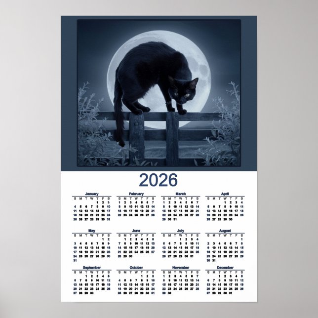 Póster Calendario 2026 Gato Negro en una cerca con Luna L (Frente)