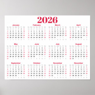 Póster Calendario 2026 simple rojo y blanco