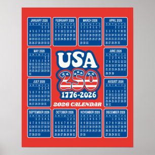 Póster Calendario 2026 - USA 250 Rojo Blanco Azul