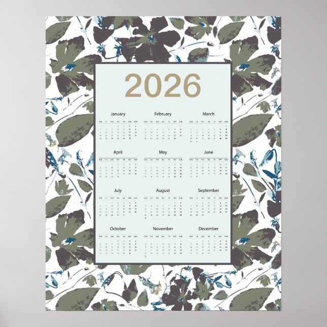 Póster Calendario 2026 Verde Azul Clemátide Floral (Frente)
