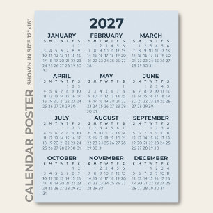 Póster Calendario 2027 Azul Polvoriento Simple Moderno