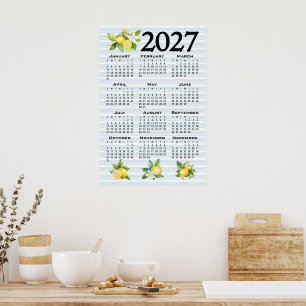 Póster Calendario 2027 estilo italiano limones rayas azul
