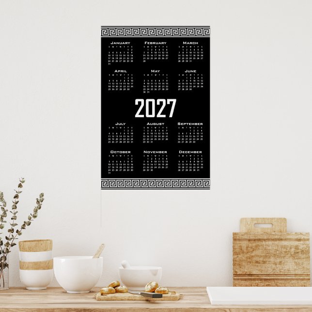 Póster Calendario 2027, Falso Griego, Blanco sobre Negro (Cocina)