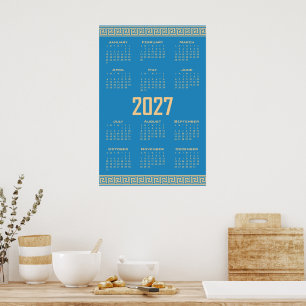 Póster Calendario 2027, Fret griego, Beige sobre azul cos
