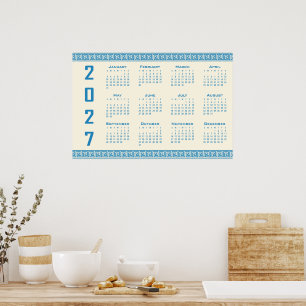 Póster Calendario 2027, Greca Griega, Azul sobre Latte Có