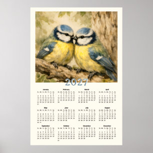 Póster Calendario 2027 - Ilustración de pájaros azules li