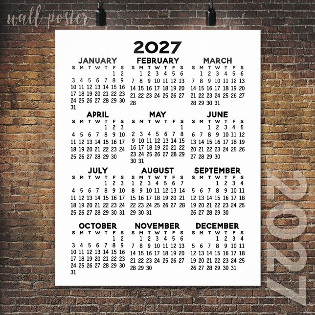Póster Calendario 2027 - Negro y Blanco Mínimo Básico (2027 Calendar Poster)