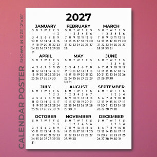 Póster Calendario 2027 Simple Básico de Negro y Blanco