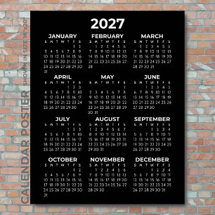 Póster Calendario 2027 Simple Elegante Pared Negro y Blan
