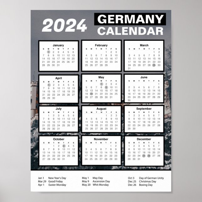 Póster Calendario alemán de 2024 en inglés | Descargar Pd (Frente)