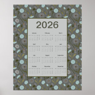 Póster Calendario año completo 2026 Diente de león gris a