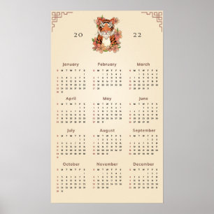 Póster Calendario Año Nuevo Chino 2022 Tigre Floral Arena