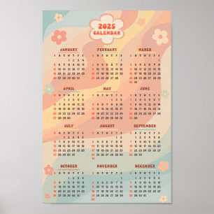 Póster Calendario Anual 2025 Groovy Pastel Swirl