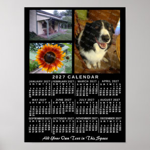 Póster Calendario anual 2027 negro personalizado con 3 fo