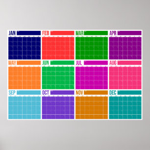 Póster Calendario Anual de Pared en Color Negrita Sin Fec