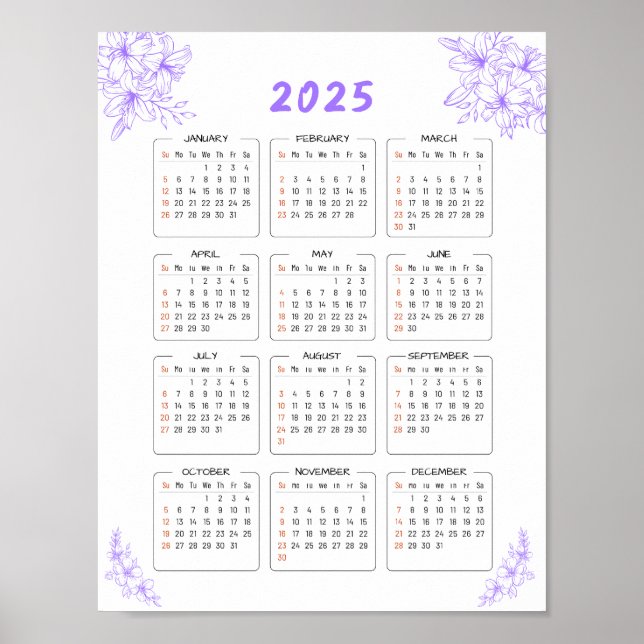 Póster Calendario anual Minimal 2025 Púrpura Floral Póste (Frente)