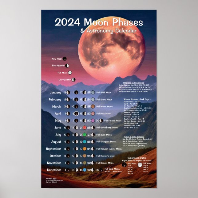 Póster Calendario Astronómico de Fases de la Luna de 2024 (Frente)