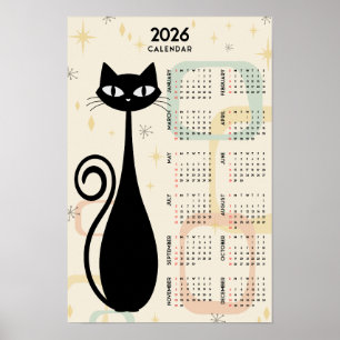 Póster Calendario Atómico Retro Gato Negro Mediados de Si