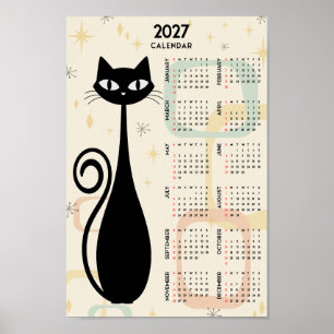 Póster Calendario Atómico Retro Gato Negro Mediados de Si