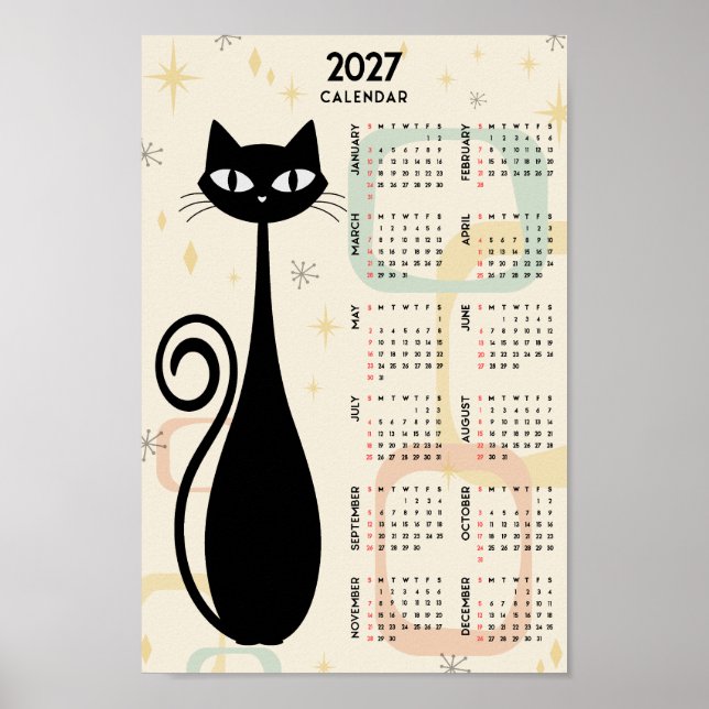 Póster Calendario Atómico Retro Gato Negro Mediados de Si (Frente)