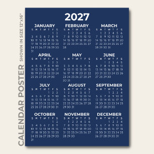 Póster Calendario Azul Marino Simple Clásico Elegante 202