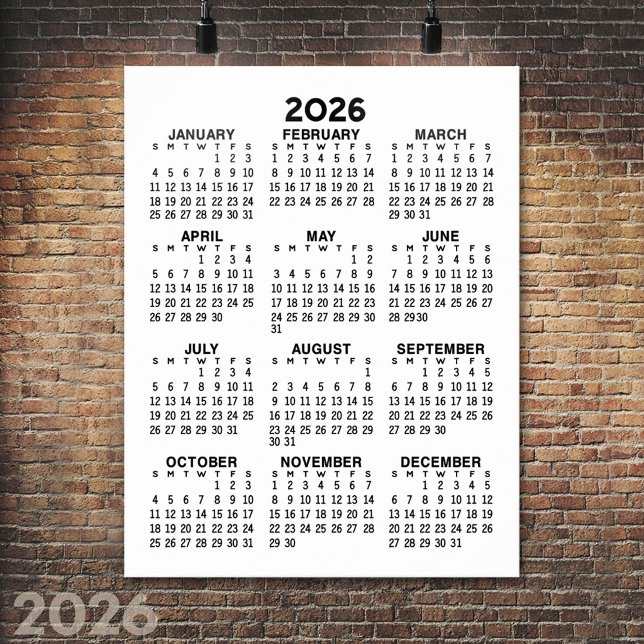 Póster Calendario - Básico Minimalista Blanco y Negro (2026 Calendar Poster)
