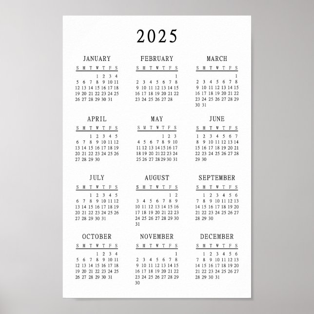 Póster Calendario básico simple clásico en blanco y negro (Frente)