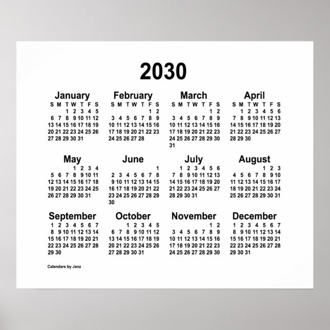 Póster Calendario Blanco 2030 por Janz Print (Frente)