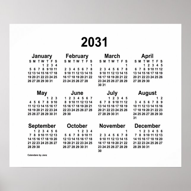 Póster Calendario Blanco 2031 por Janz Print (Frente)
