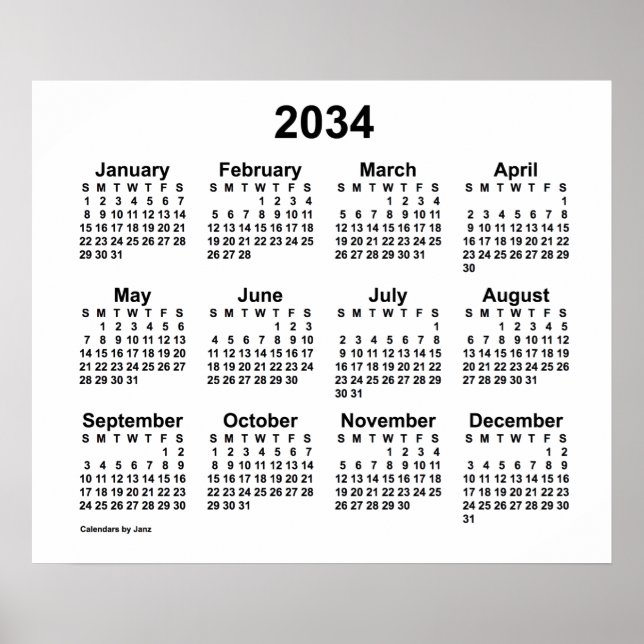 Póster Calendario Blanco 2034 de Janz Print (Frente)