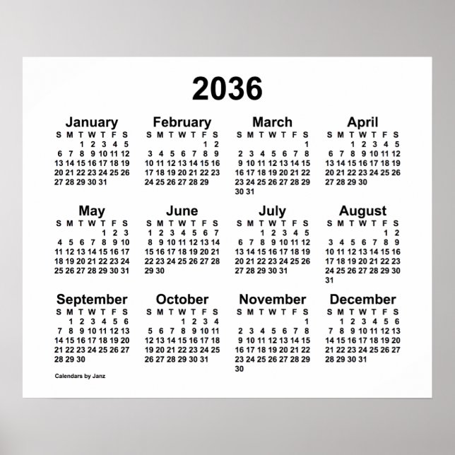 Póster Calendario Blanco 2036 de Janz Print (Frente)