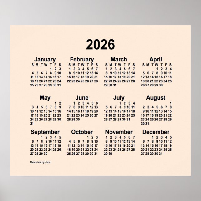 Póster Calendario Blanco Antiguo 2026, por Janz Print (Frente)