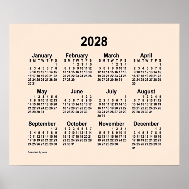 Póster Calendario Blanco Antiguo 2028, por Janz Print (Frente)