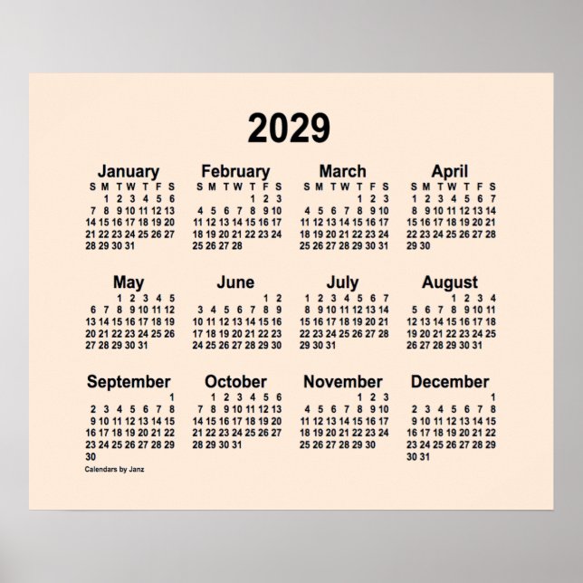 Póster Calendario Blanco Antiguo 2029, por Janz Print (Frente)