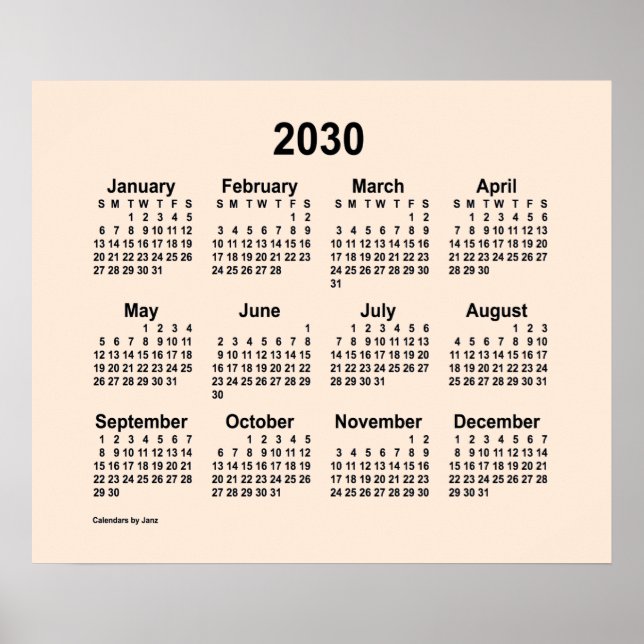 Póster Calendario Blanco Antiguo 2030, de Janz Print (Frente)