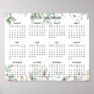 Póster Calendario Botánico Floral Elegante Sencillo 2026 
