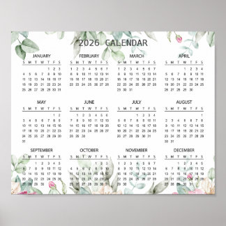 Póster Calendario Botánico Floral Elegante Sencillo 2026 