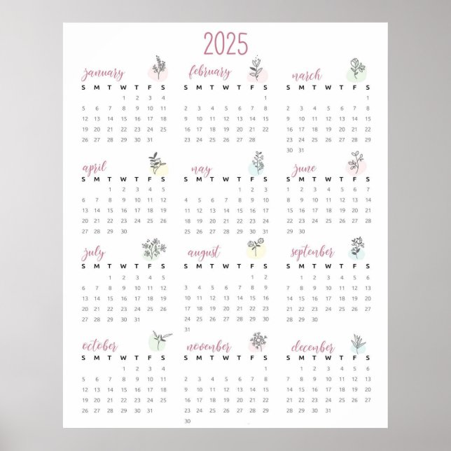 Póster Calendario botánico simple 2025 (Frente)
