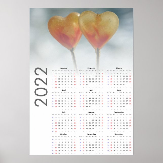 Póster Calendario Corazones 2022 - domingo primero (Frente)