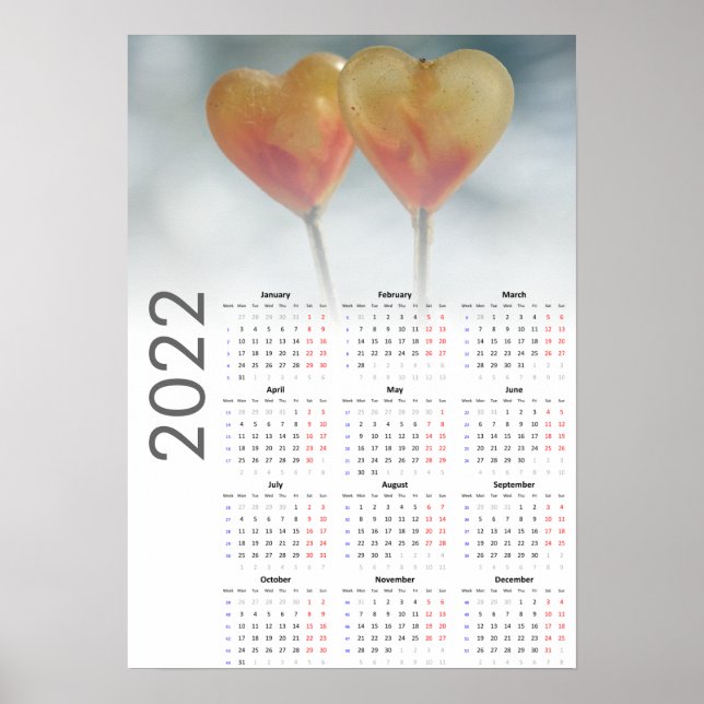 Póster Calendario Corazones 2022 - Lunes primero (Frente)
