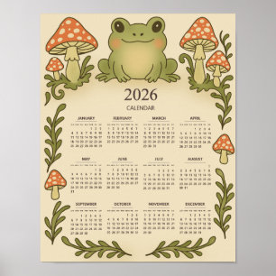 Póster Calendario Cottagecore de Rana y Hongos Rojos 2026
