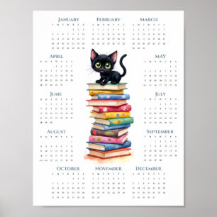 Póster Calendario de 1 página 2026 Gato negro en libros c