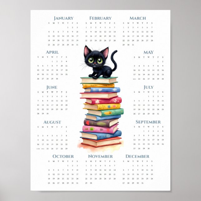 Póster Calendario de 1 página de 2026 Gato negro en libro (Frente)