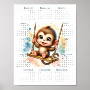 Póster Calendario de 1 página de 2026 Mono lindo en colum